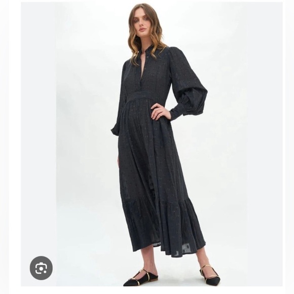 Oliphant Dresses Oliphant Tiered Midi Maxi Dress Foil Puff Sleeve